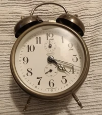 Antique Linden Black Forest Germany Double Bell Peg Leg Brass Alarm Clock Glow