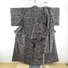 Tsumugi kimono Ansemble Silk Landscape pattern Brown 61.0inch Women's