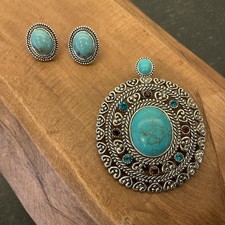 Turquoise Statement Jewelry Set Pendant Earrings, Southwestern Silver Tone
