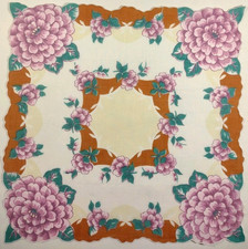 Vtg Hankie 12.5x12.5 Floral, pink/purple flowers brown/green accents H493