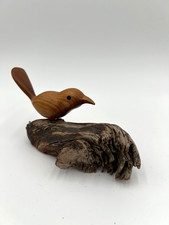 Hand Carved Wooden Bird Sculpture on Driftwood Base Rustic Folk Art