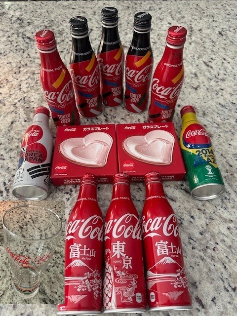 Coca Cola collection 10 FIFA & Tokyo Olympics themed bottles, Heart Dish & Glass