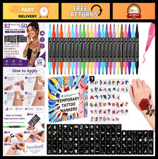 24-Count Washable Skin Tattoo Markers 50 Stickers, 82 Stencils - Non-Toxic DIY