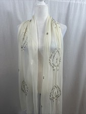 Sheer Cream Intricate Floral Corded Scarf Embroidery  Beadwork Rectangle Scarf