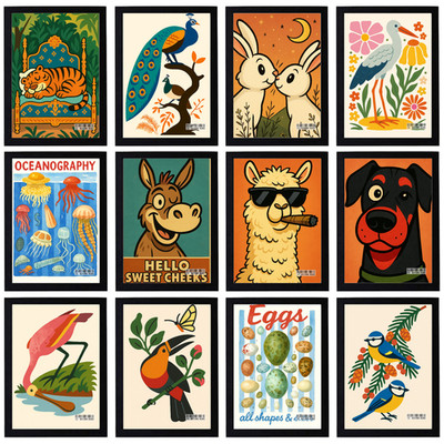 Vintage Tiere Poster Retro Druck Natur Zoo Haustiere Deko Wandbild A5 A4 A3
