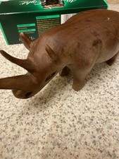 Vintage Retro African Hand-Carved Wooden Rhinoceros Animal Sculpture Figure