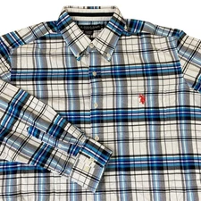 US Polo Assn Shirt Men Size L Blue Gray Tartan Plaid Button Down Long Sleeve