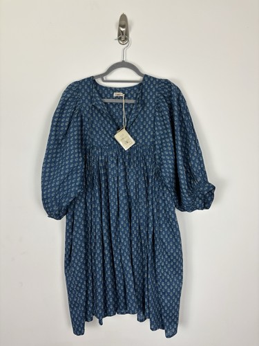 Nwt Faherty Indigo Floral Lyla Mini Dress Size Small Blue Puff Sleeve Popover