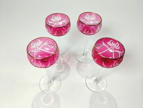 Vintage Red Cranberry Crystal Wine Glasses Cut To Clear w/ Gold Rim 7" Set of 4 - Picture 6 of 11