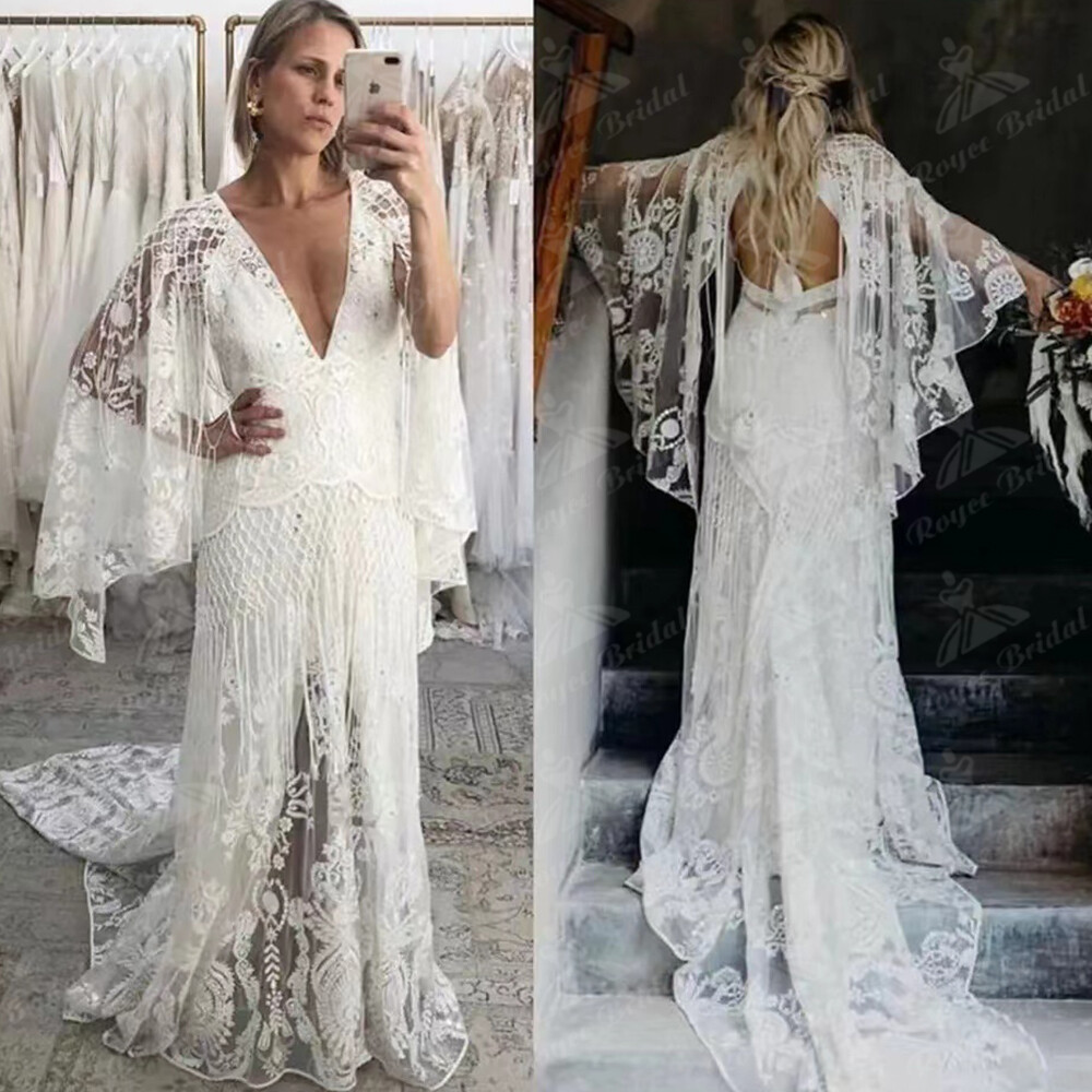Vintage Boho Lace Wedding Dresses Country A Line Bridal Gowns Backless V  Neck
