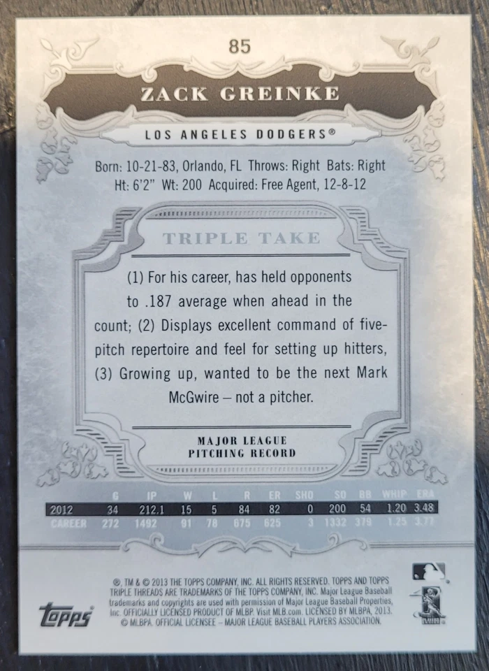 2013 TOPPS TRIPLE THREADS BASEBALL 85 ZACK GREINKE DODGERS - Image 2 of 2