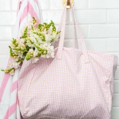 $188 New Stoney Clover Lane Seersucker Slouchy Tote Daisy Sunset Pink White Bag