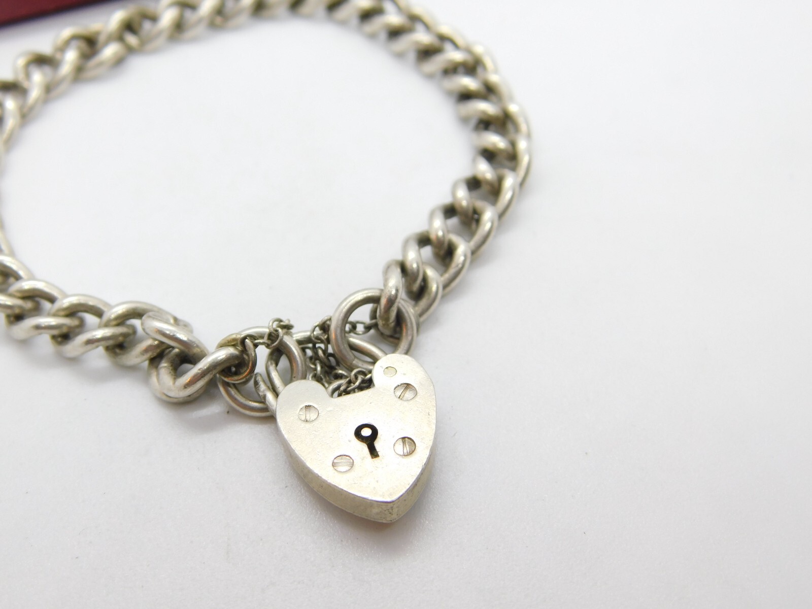 Sterling Silver Curb Link Charm Bracelet with Heart Lock Clasp Vintage