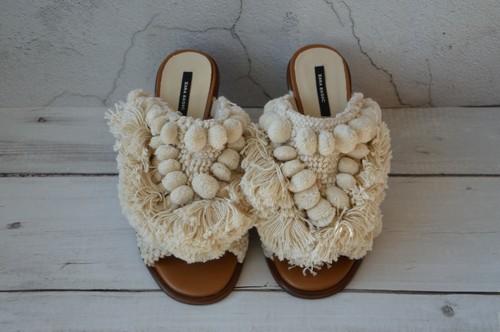 Zara NEW Rare PomPoms Open Toe Cream 