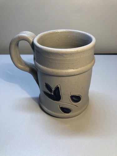 Vintage Williamsburg Pottery Mug Cup Salt Glaze Stoneware Cobalt Blue Leaves