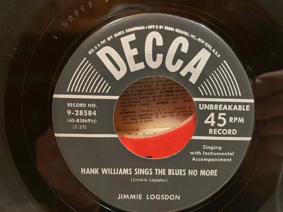 JIMMIE LOGSDON : The Death Of Hank Williams - 45  :  DECCA  1953 - NEAR MINT - Image 2 of 4