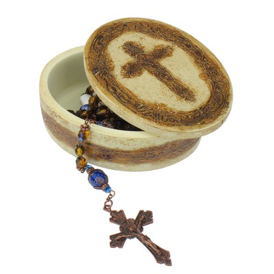 Roman 23'' Byzantine Blue and Amber 6mm Glass Beaded Rosary with Keepsake Box