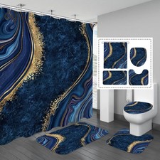 4 Pcs Luxury Marble Shower Curtain Set with Non-Slip Rugs, Toilet Lid Cover a...