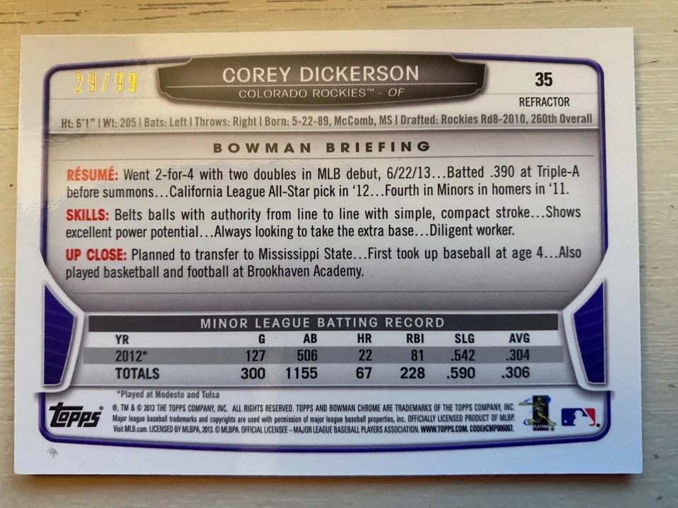 Corey Dickerson 2013 Bowman cromo refractor azul RC/99, SP, Rockies Foto 2 de 3