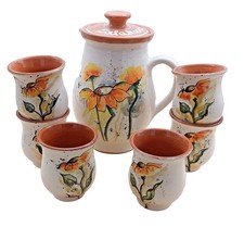 Liebliche Blumen Keramik Krug 1,2 Li. mit 6 Bechern handbemalt Unikat uk048