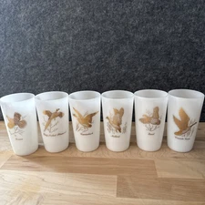 Vintage Set 6 Federal Milk Glass Tumblers Game Bird 22k Gold 