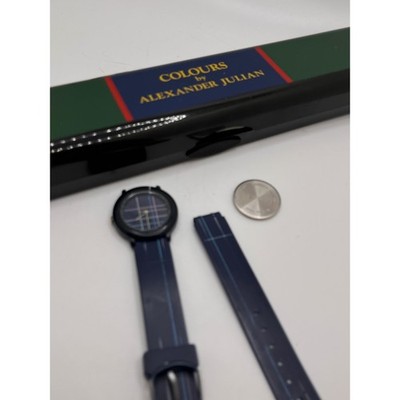 Colours by Alexander Julian Vintage Plaid Watch Navy Blue Acrylic Case Box READ