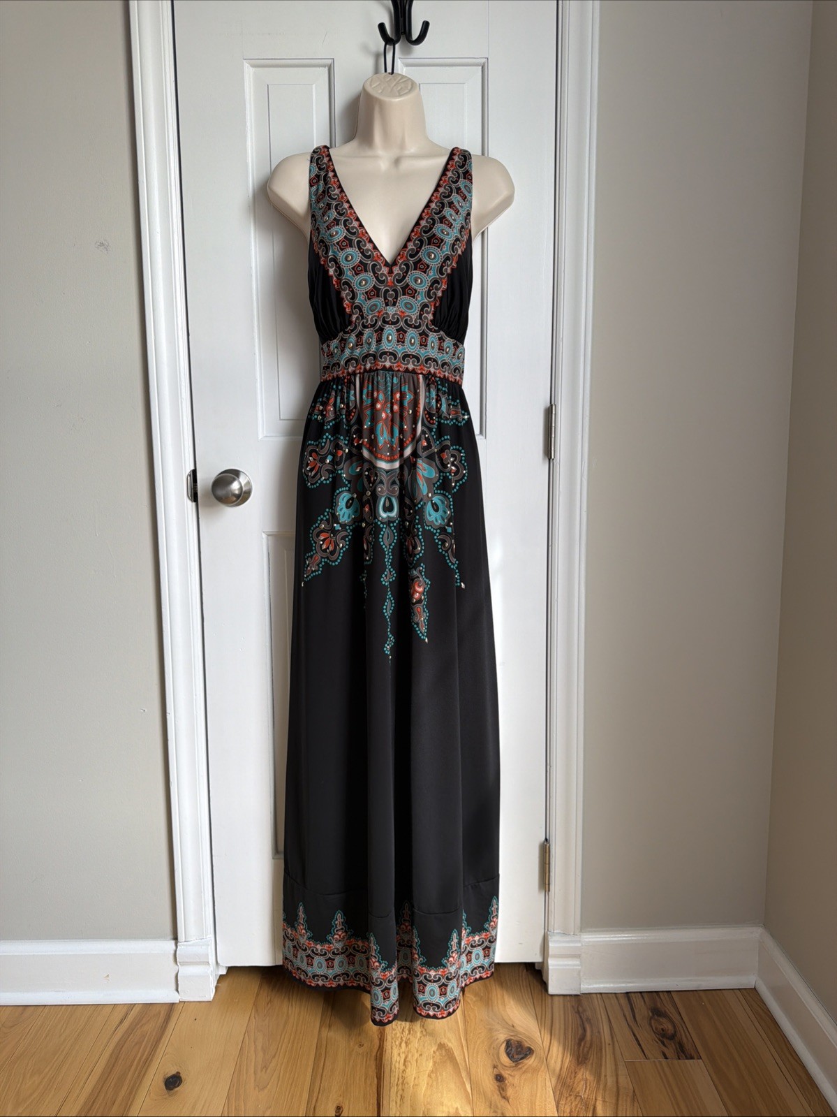 Maxi Dress Size L  Nylon Jersey V Neck Empire Waist Embellished Black Multi-image