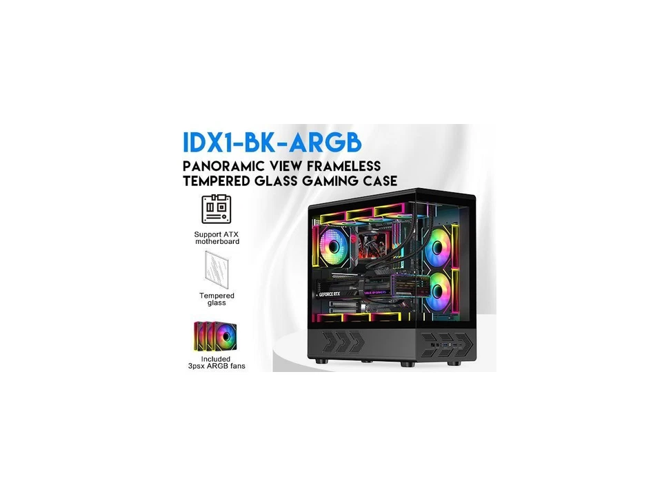 DIYPC IDX1-BK-ARGB Black USB3.0/ Type C Tempered Glass ATX Gaming Computer Case - Image 2 of 4