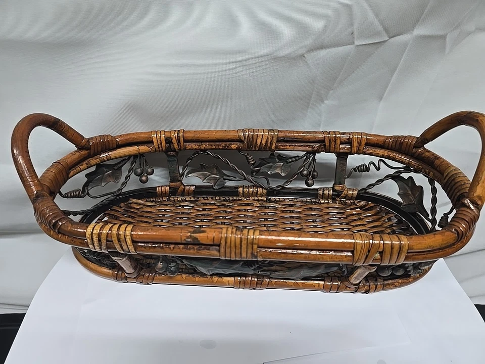 Vintage French Brass Copper Wood Woven Basket Pincone And Grapes Motifs - Image 4 of 4