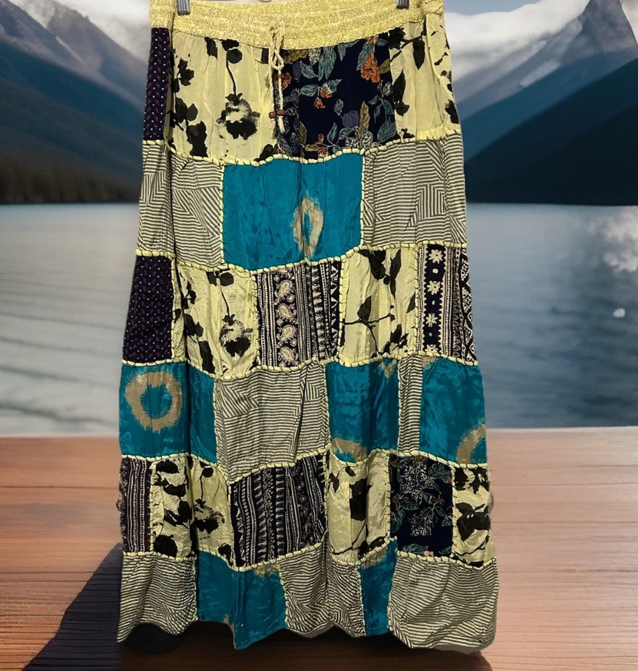 Ana & Kate Skirt L Yellow Blue Patchwork Festival Hippie Boho Flowy Fairycore - Image 4 of 4