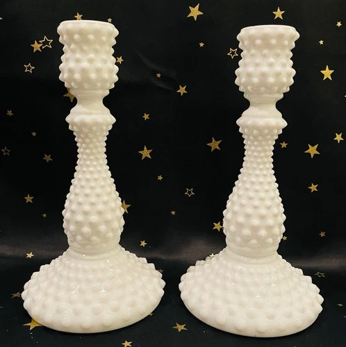 Vtg Pair of Fenton White Hobnail Milk Glass 9" Candlesticks Candle Holders
