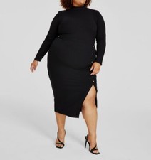 Nina Parker Women's Black Rib Asymmetrical Button Mock Neck Dress Plus Size 1X