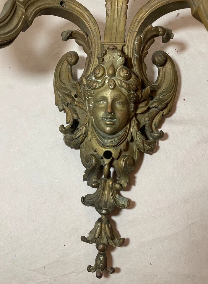 LARGE antique 1800's ornate Victorian bronze wall sconce fixture candle holder - Image 2 of 4