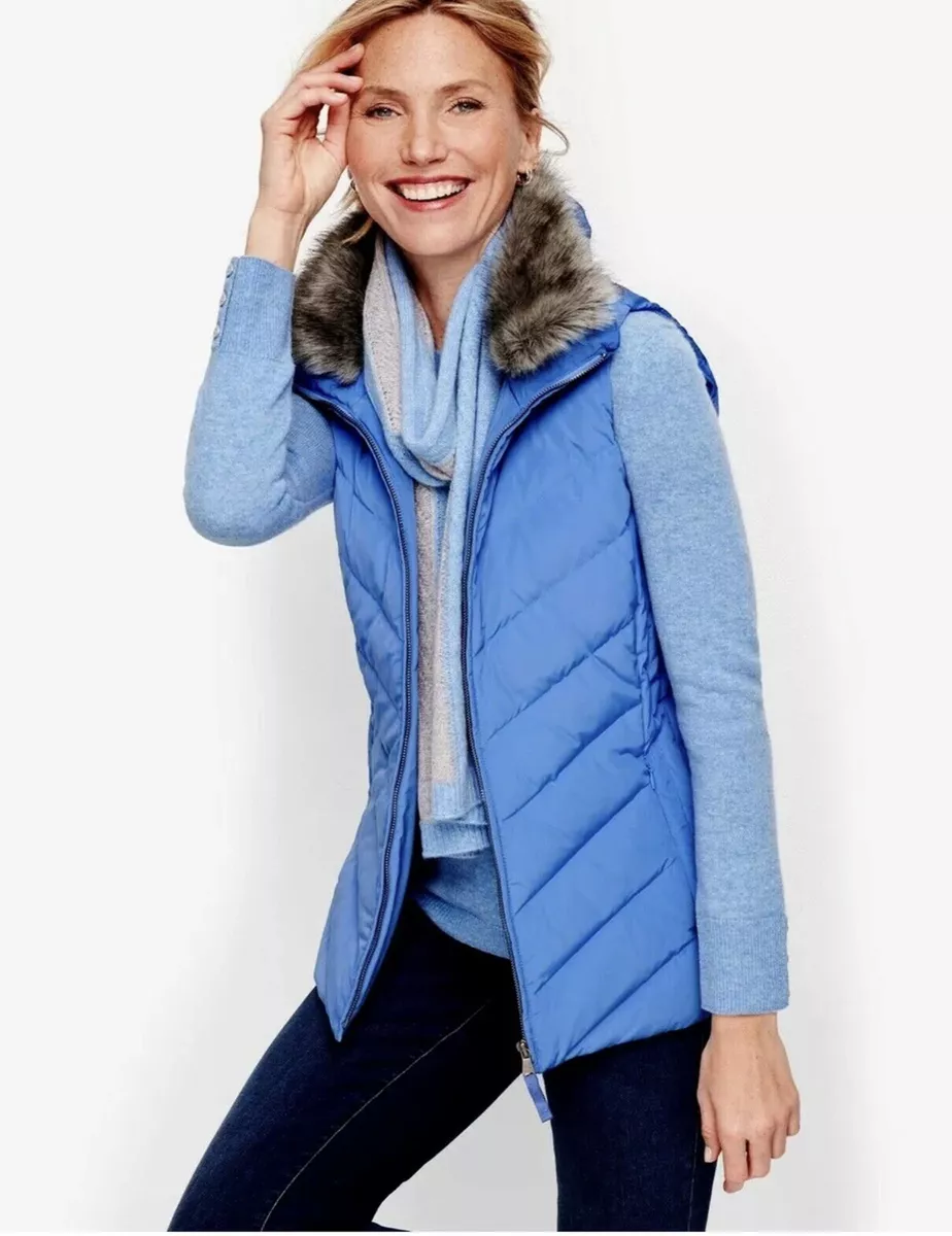 NWT Talbots Down puffer vest detachable fur collar blue eize S