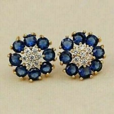 2Ct Round Lab Created Sapphire Diamond Flower Stud Earrings 14K Yellow Gold Over