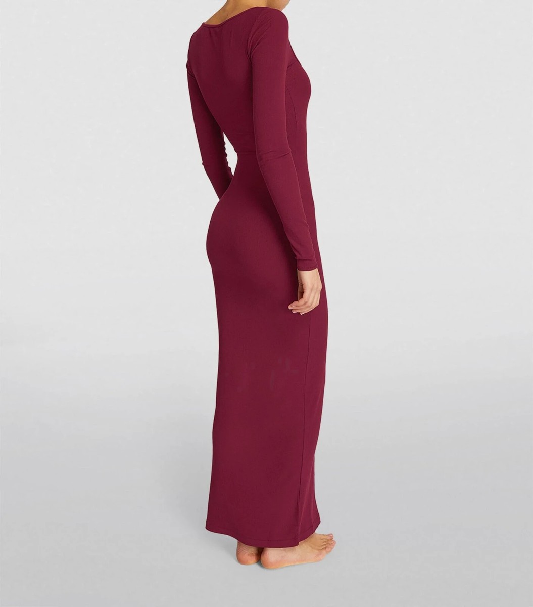 skims long sleeve dress red Skims Soft Lounge Long Sleeve Dress In Bordeaux