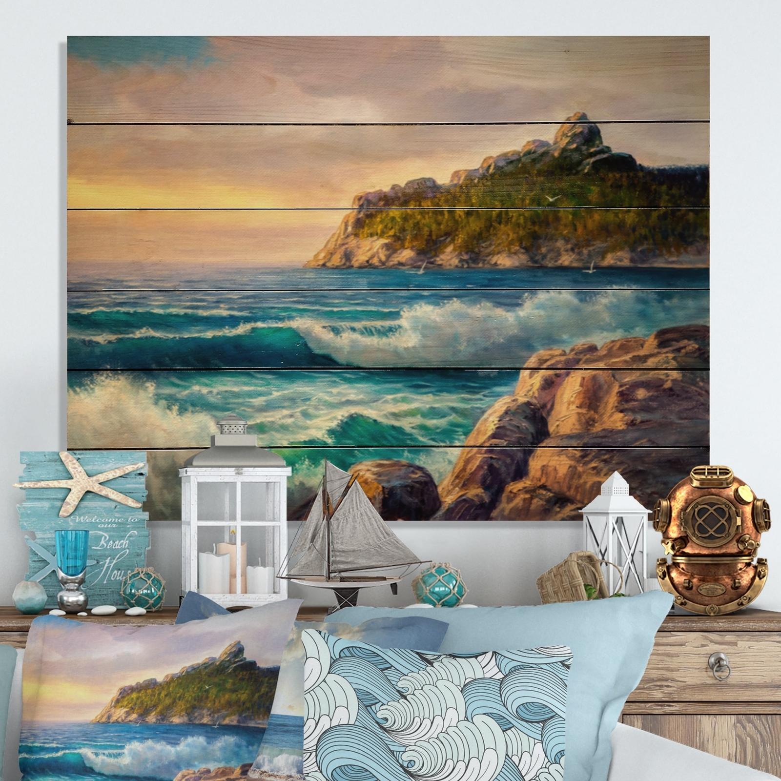 Designart 'Ocean Sunset And Waves III' Nautical & Coastal