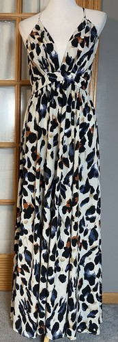 Women’s Maxi Dress Sz 12 Plunging V Neck Strappy Back Sexy Abstract Black Beige