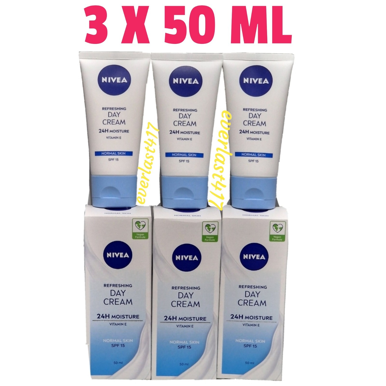 NIVEA Refreshing 24H Moisturising Day Cream Vitamin E Normal Skin 50ml (3 Pack)