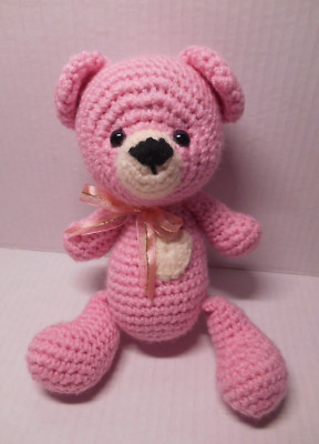 Hand Crocheted Pink Stuffed Plush TEDDY BEAR White Heart Cuddle Buddy & Gift 9''