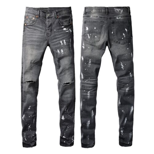 New Pop Style Purple Men's Ripped Pants Hollow Out Skinny Black Jeans PB9039A - Afbeelding 1 van 17