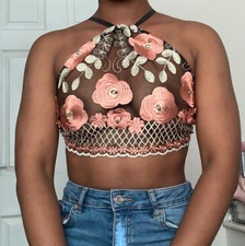 Womens Floral Backless Crop Top Halter Cut Out Sleeveless Bralette Bra Vest