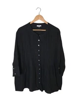 Allen Allen Black 100% Linen Top Size 1X Women's Button Up Long Sleeve Shirt NEW