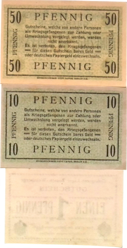 1917 Alemania LAGERGELD juego de 1 5 10 Phennig billete Primera Guerra Mundial Zossen Weinberge - Imagen 2 de 2