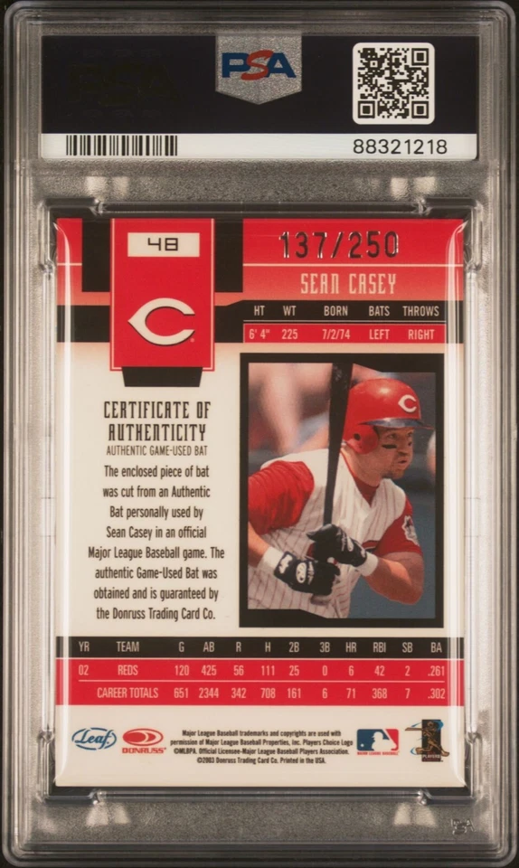 Sean Casey - 2003 Leaf Certified Materials Mirror Red Bat PSA 9 #137/250 - Image 2 of 2