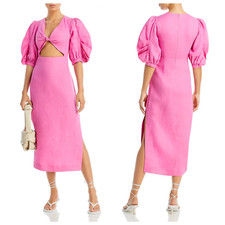 Farm Rio Size XS Linen Cut Out Midi Dress Puff Sleeve Half Sleeve Pink