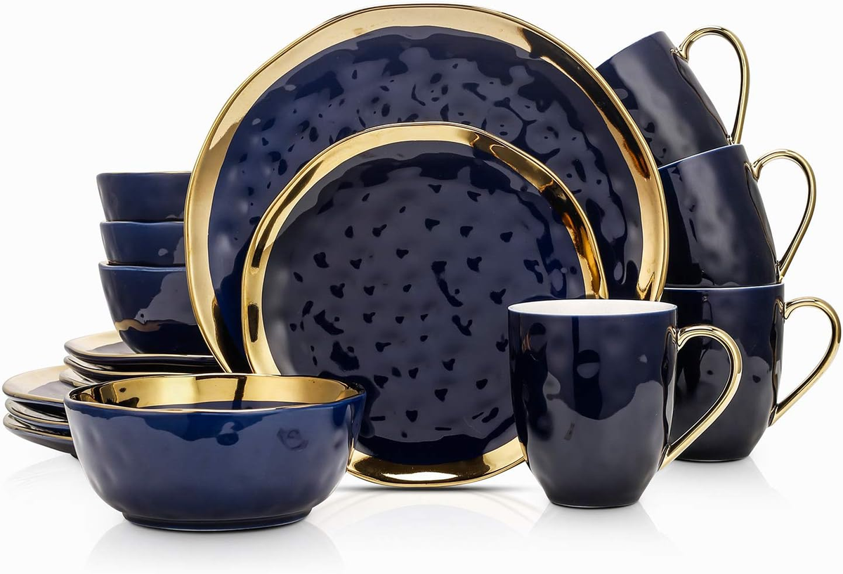 Elegant 16-Piece Porcelain Dinnerware Set for 4 - Dark Blue & Gold
