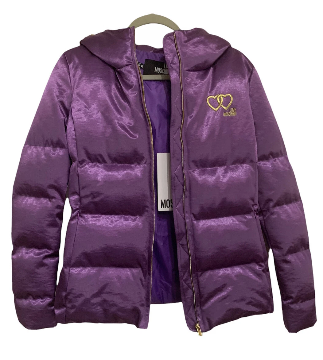 Love Moschino taglia 4 40 giacca donna viola ricamata cuore con cappuccio puffer