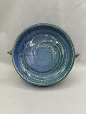 Blue Green Swirl Hand Thrown Studio Art Pottery Dish Bowl 6” Signed