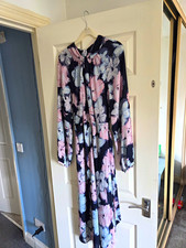 Women’s Floral Chiffon Midi Shirt Dress Belted Tie Neck Long Sleeve Size M